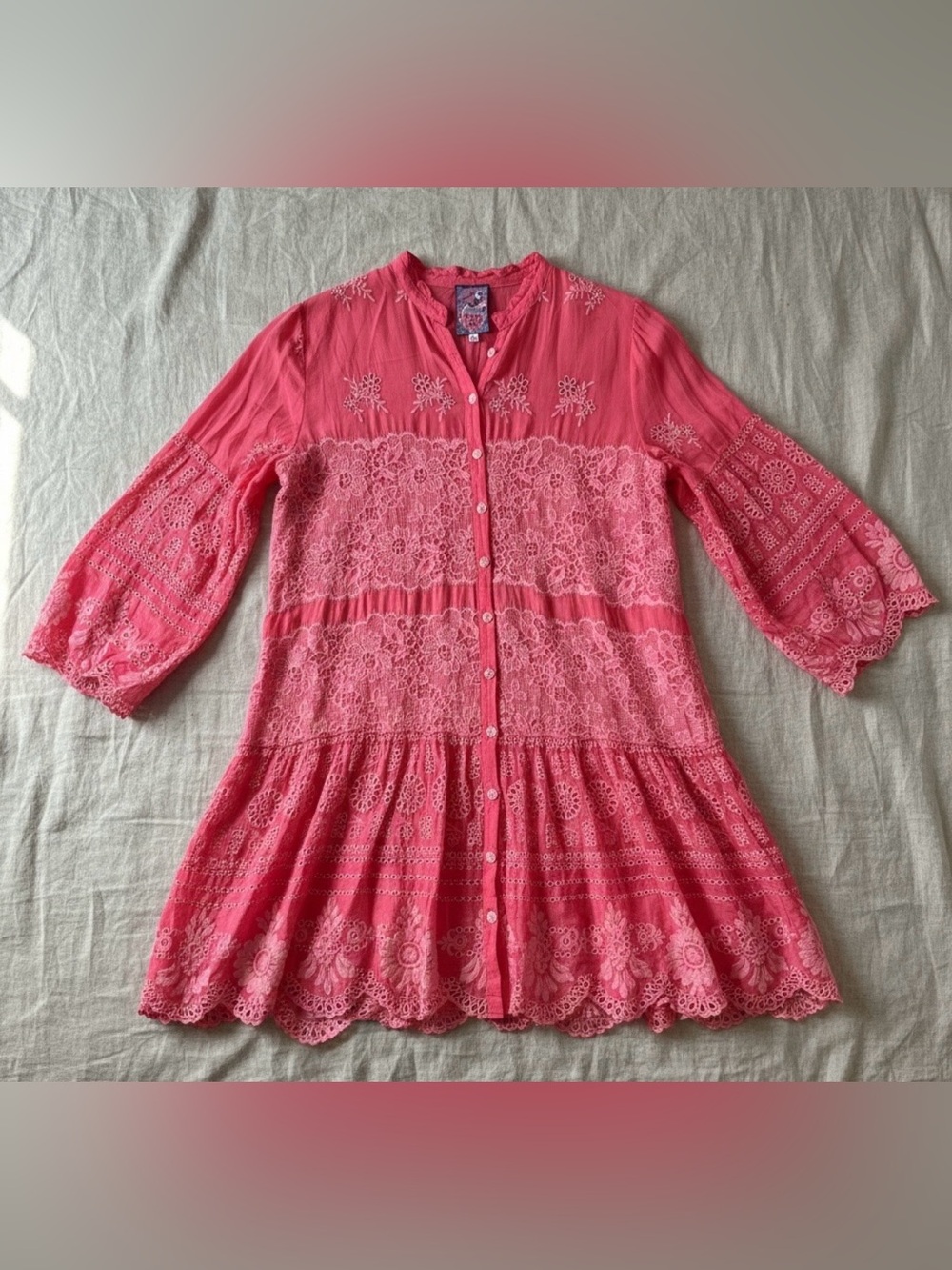 Johnny Was Lace Valeria Dress L NWT Pink Coral Embroidered Boho Tunic MSRP $498